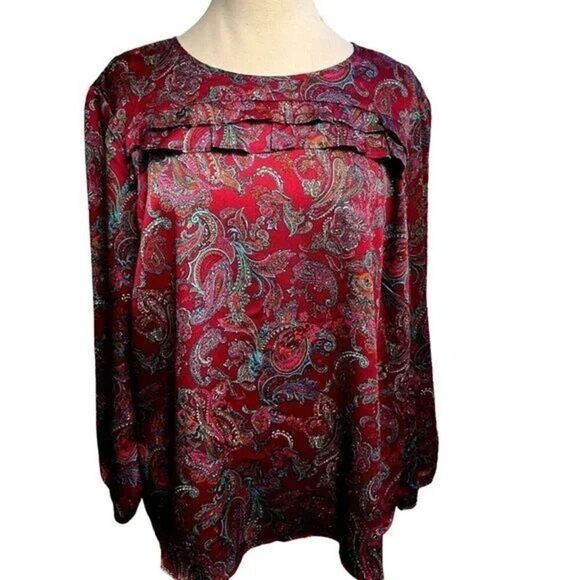 Talbots Petites Red Ruffle Paisley Blouse Top Sz 2XP Satin - Picture 1 of 9